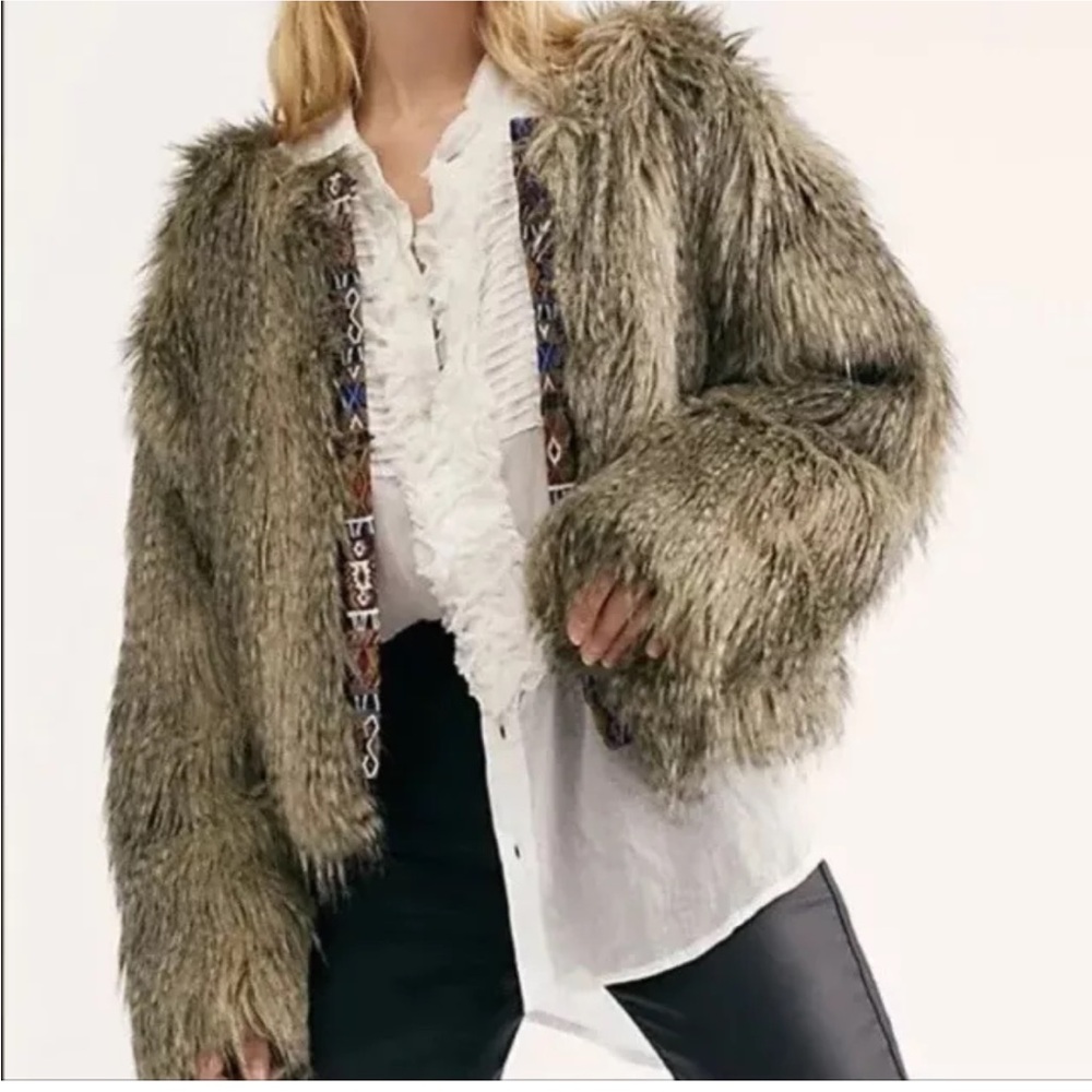 Free People Unwritten Faux Fur Shag Jacket Tribal Trim Size XL EUC